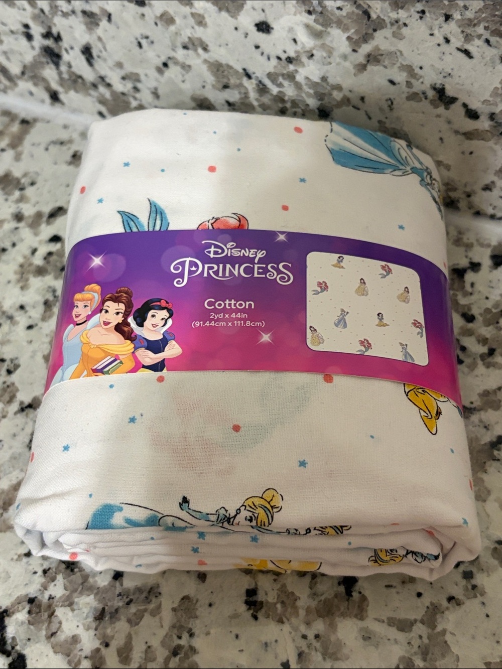 Disney Princess Cotton Fabric - White with Yellow, Blue, Pink Accents